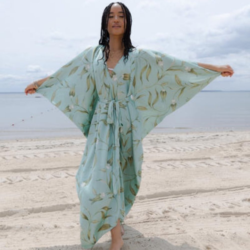 Anthropologie Mint Green Floral Kimono Maxi Dress